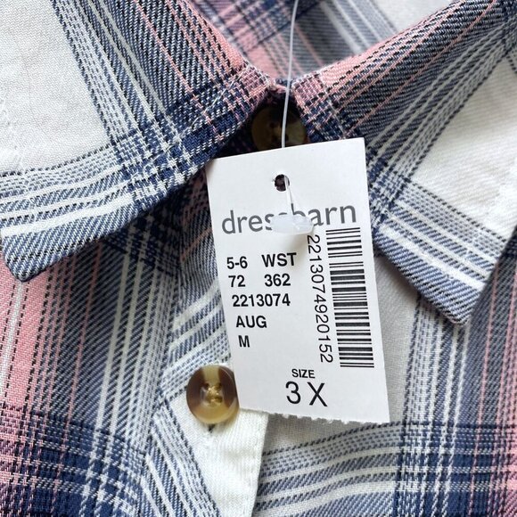 DRESSBARN Plaid Shirt Plus Size 3X Cotton Blue Pink Long Sleeve Button Up NWT - Picture 4 of 10